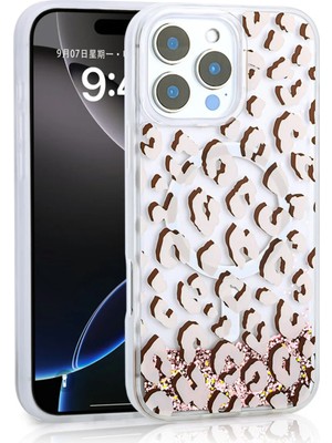 Ahlttiba Apple iPhone 15 Pro Max Için Uyumlu Kılıf Sıvılı Simli Baskılı Şeffaf Arka Yüzey Mossa Silikon Kapak