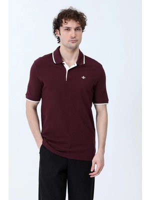 Erkek Polo Yaka Zambak Nakışlı %100 Pamuklu T-Shirt Bordo beyaz - 26Y 2118