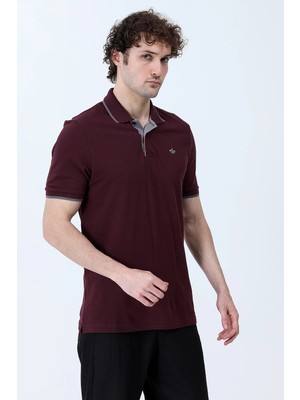 Erkek Polo Yaka Zambak Nakışlı %100 Pamuklu T-Shirt Bordo Gri - 26Y 2118