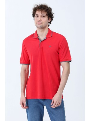 Erkek Polo Yaka Zambak Nakışlı %100 Pamuklu T-Shirt Kırmızı Gri - 26Y 2118