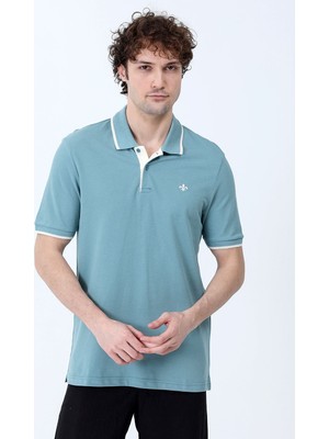 Erkek Polo Yaka Zambak Nakışlı %100 Pamuklu T-Shirt Açık Mavi beyaz - 26Y 2118