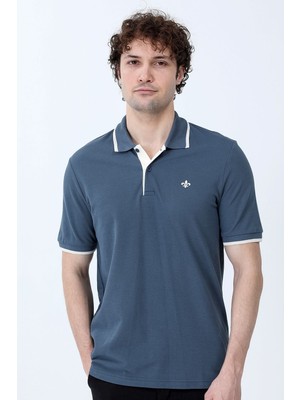 Erkek Polo Yaka Zambak Nakışlı %100 Pamuklu T-Shirt Petrol Mavi beyaz - 26Y 2118