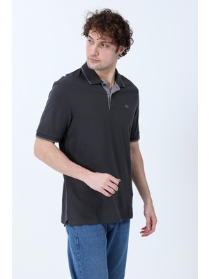 Erkek Polo Yaka Zambak Nakışlı %100 Pamuklu T-Shirt Antrasit Gri - 26Y 2118