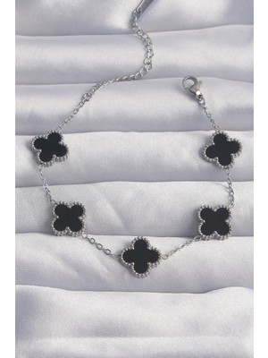 Uravas Store Çelik Gümüş Renk Siyah Mineli Yonca Bileklik