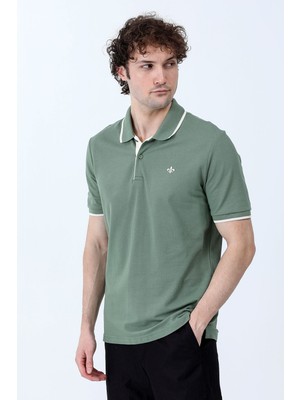 Erkek Polo Yaka Zambak Nakışlı %100 Pamuklu T-Shirt Yeşil Beyaz - 26Y 2118