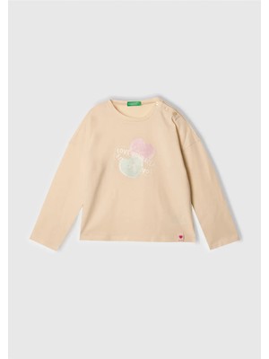 United Colors Of Benetton Kız Çocuk Krem Baskılı Logo Etiketli Kalp Düğmeli T-Shirt