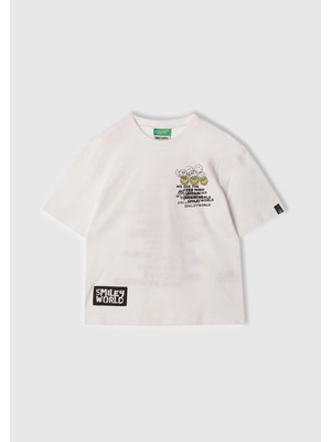United Colors Of Benetton Erkek Çocuk Beyaz Smiley World Baskılı Logo Etiketli T-Shirt