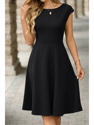 Arben Boutique Kadın Yarım Ay Kollu Yakası Acık Kemersiz Midi Ithal Krep Elbise