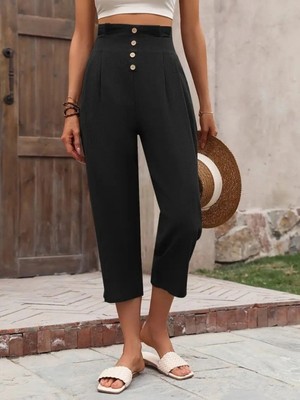 Pileli Store Pilelistore- Kadın Yüksek Belli Önden Düğmeli Ithal Keten Pantolon