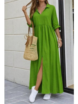 Sidelya Concept Kadın Truvakar Kollu V Yakalı Yırtmaçlı Uzun Aerobin Elbise