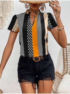 Sun & North Sun&north Kadın Çentik ve Büzgülü Yaka, Desenli Mikro Kumaş Bluz