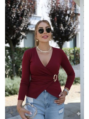 Pileli Store Pilelistore- Kadın Uzun Kollu Kruvaze Yakalı Toka Detaylı Viskon Bluz