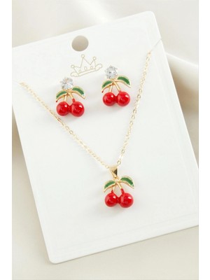 Pileli Store Kiraz Zirkon Taşlı Mineli Set Kolye