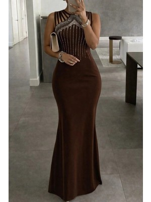 Marsilyan- Kadın Omuz Çoklu Askılı Önü Taş Işlemeli Balık Kesim Janjan Krep Maxi Boy Elbise