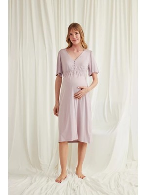 Pileli Store Dantelli Önü Düğmeli Hamile Lohusa Viskon Gecelik
