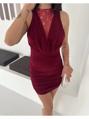 Marsilyan- Dantel Detaylı Derin Dekolte Drapeli Mini Elbise Şık Kolsuz - Bordo