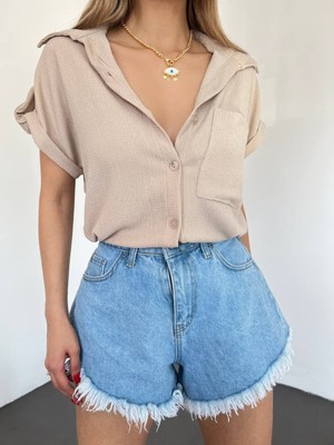 Modamorfo Duble Kol Tek Cepli Bürümcük Gömlek  -Bej