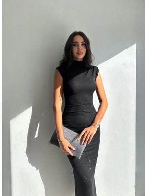 Marsilyan- Likralı Simli Kumaş Yandan Yırtmaçlı Uzun Elbise Şık Kolsuz Abiye - Siyah