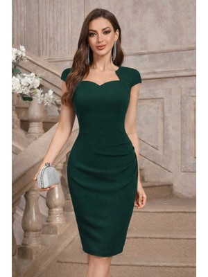 Marsilyan- Kadın Kısa Kollu Yakası Asimetrik Kısa Ithal Krep Elbise