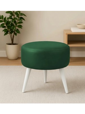 Waterybrook Suni Deri Puf - Beyaz Ahşap Ayaklı - Retro Modern Tasarım & Dekoratif Sehpa