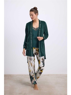 Pileli Store Kadife Sabahlık, Dantelli Atlet ve Desenli Pantolon Pijama Takımı