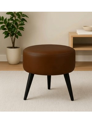 Waterybrook Suni Deri Puf - Siyah Ahşap Ayaklı - Retro Modern Tasarım & Dekoratif Sehpa