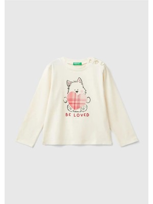 United Colors Of Benetton Kız Çocuk Ekru Önü Baskılı Omzu Açılabilir Düğmeli T-Shirt