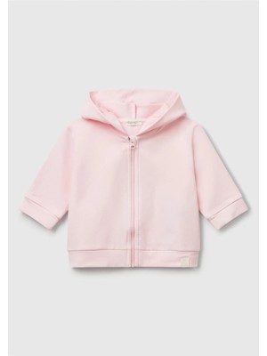 United Colors Of Benetton Bebek Pembe Logo Etiketli Fermuarlı Kulaklı Kapüşonlu Sweatshirt