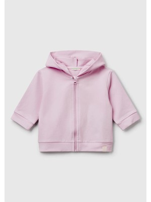 United Colors Of Benetton Bebek Lila Logo Etiketli Fermuarlı Kulaklı Kapüşonlu Sweatshirt