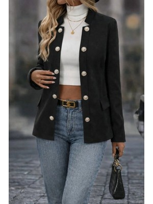 Pileli Store Pilelistore- Kadın Uzun Kollu Önü Açık Düğmeli Scuba Dalgıç Ceket