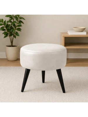 Waterybrook Suni Deri Puf - Siyah Ahşap Ayaklı - Retro Modern Tasarım & Dekoratif Sehpa