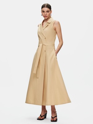 LTB Önü Düğmeli Uzun Boy Bej Elbise
