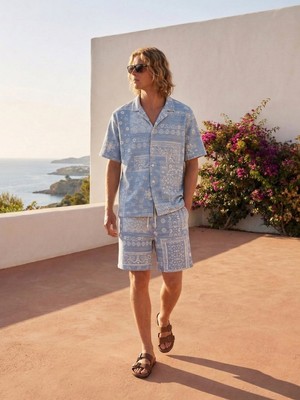 LTB Şal Desenli Rahat Kesim Örme Açık Mavi Şort