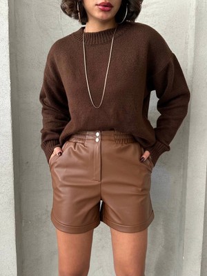 Bigelal Beli Lastikli Çıtçıtlı Deri Şort Kahve W241007