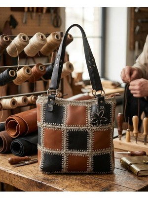 İlke Çanta Dünyası Ilke Çanta Dünyası El Yapımı Supra Örgü Patchwork Taba-Siyah Deri Büyük Boy Tote El - Omuz Çantası