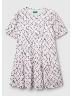 United Colors Of Benetton Kız Çocuk Beyaz Mix Viskozlu Desenli Önü Düğmeli Pileli Katlı Kısa Kollu Elbise