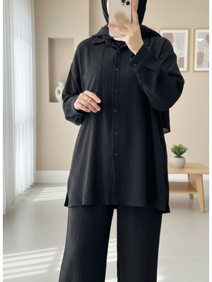 Modamorfo Körüklü Cepli Ikili Keten Takım   -Siyah