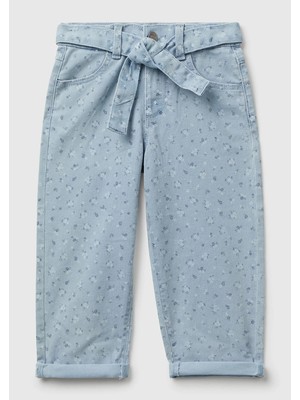United Colors Of Benetton Kız Çocuk Açık Mavi Çiçek Desenli Beli Bağlamalı Paçası Kıvrık Denim Pantolon