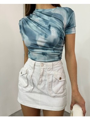 Modamorfo Bel Omuz Büzgülü Batik Baskı Sendy Bluz -Açık Mavi