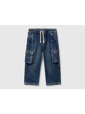 United Colors Of Benetton Erkek Bebek Koyu Mavi Arkası Logo Detaylı Yan Cepli Büzgü Ipli Denim Pantolon