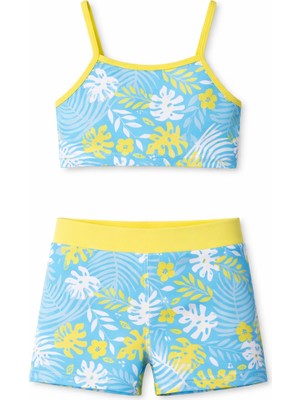 Alkın Kids 8-12 Yaş Kız Çocuk Tropikal Yaprak Desenli Büstiyer ve Şort Ikili Mayo Seti