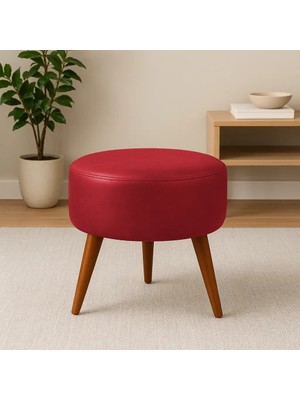 Waterybrook Suni Deri Puf - Ceviz Ahşap Ayaklı - Retro Modern Tasarım & Dekoratif Sehpa