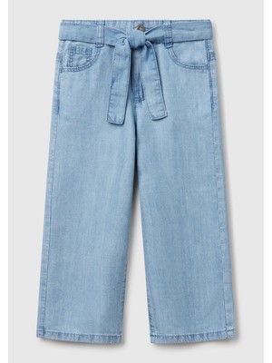 United Colors Of Benetton Kız Çocuk Açık Denim %100 Liyosel Taş Yıkama Kuşaklı Wide Leg Denim Pantolon