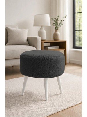 Waterybrook Yuvarlak Puf Welsoft Kumaş Beyaz Ahşap Ayaklı - Makyaj - Yatak Ucu - Dekoratif Oturma Pufu