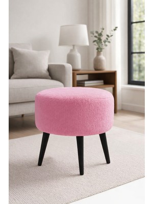 Waterybrook Yuvarlak Puf Welsoft Kumaş Siyah Ahşap Ayaklı - Makyaj - Yatak Ucu - Dekoratif Oturma Pufu