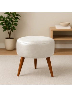Waterybrook Suni Deri Puf - Ceviz Ahşap Ayaklı - Retro Modern Tasarım & Dekoratif Sehpa
