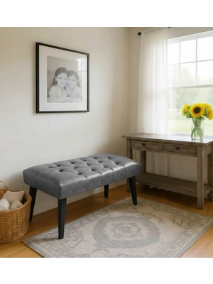 Waterybrook Bench Bank Puf - Suni Deri - Siyah Ahşap Ayaklı - Retro Modern Tasarım & Dekoratif Sehpa
