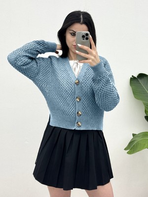 Moda Morfo Ajurlu Kemik Düğmeli Yırtmaçlı Hırka -Bebe Mavi