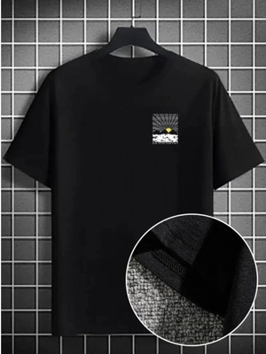 Pileli Store Pilelistore- Erkek Dağ Grafikli Tişört, Yaz Için Büyük Beden Rahat T-Shirt - Siyah