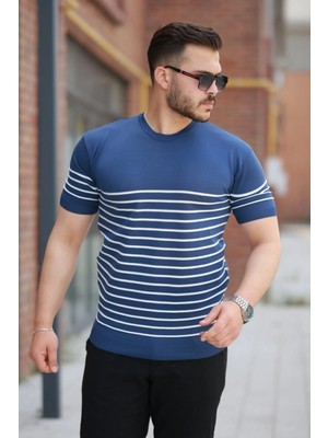 Pileli Store Pilelistore- Erkek Çizgi Desenli Bisiklet Yaka Kısa Kollu T-Sihrt